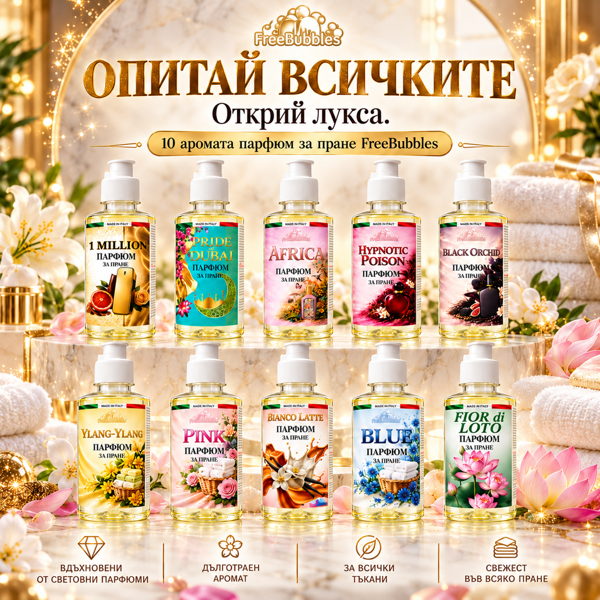Комплект парфюми за пране Мега сет - 10 × 200мл | FreeBubbles
