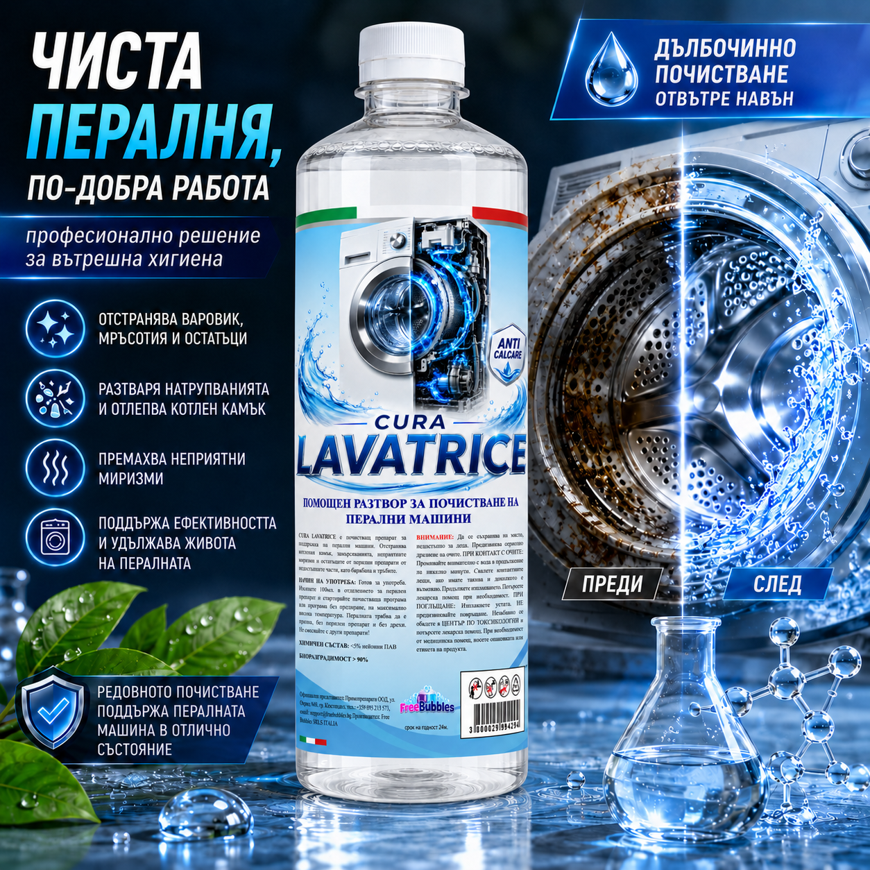 Помощен разтвор за почистване на перални машини - Cura Lavatrice
