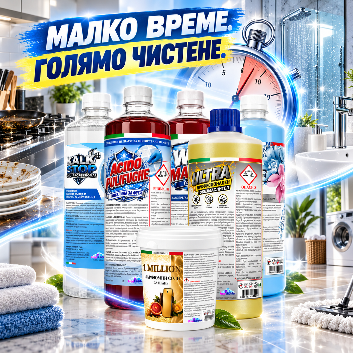 Комплект за почистване - Киселина за фуги, Обезмаслител Ultra, Kalk Stop, WC Master, 1 Million парфюмни соли, Препарат за под Blue