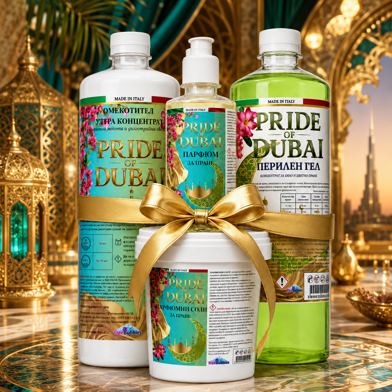 Pride of Dubai комплект за пране – перилен гел, омекотител, парфюм и соли