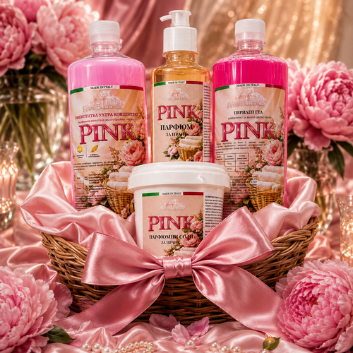 Pink комплект за пране – перилен гел, омекотител, парфюм и соли