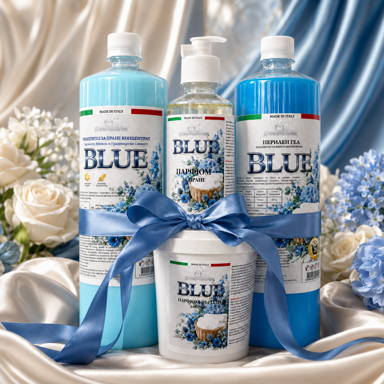 Blue комплект за пране – перилен гел, омекотител, парфюм и соли